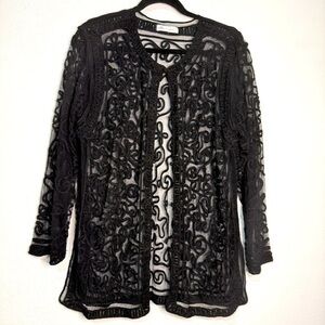 Champaign long black semi-sheer jacket. Sz S/M based on measurements. Preowned.